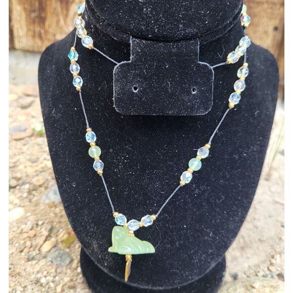 Carved Jade Frog with Faceted AB Crystal and Jade Beaded Long Necklace 28" - Picture 3 of 7